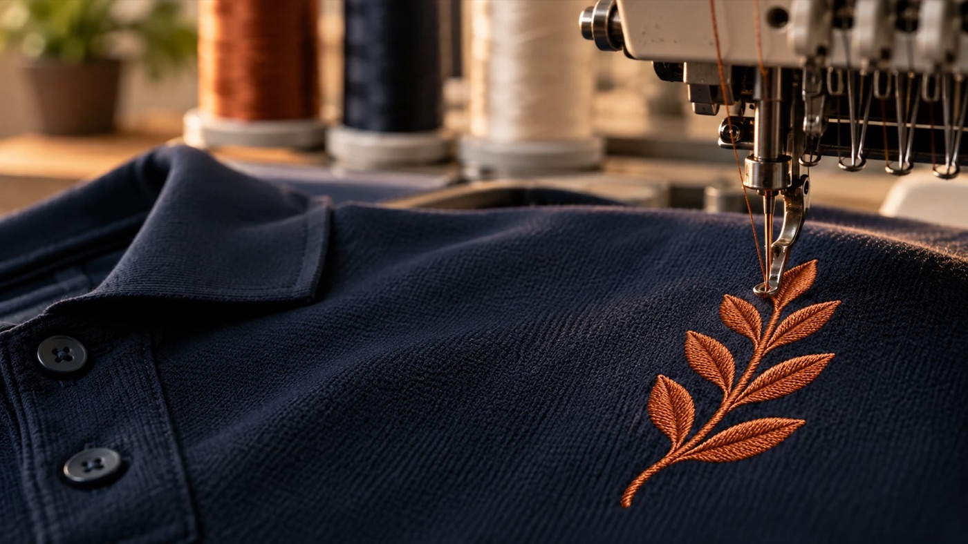 Rust laurel sprig being embroidered on a navy polo under a commercial embroidery head