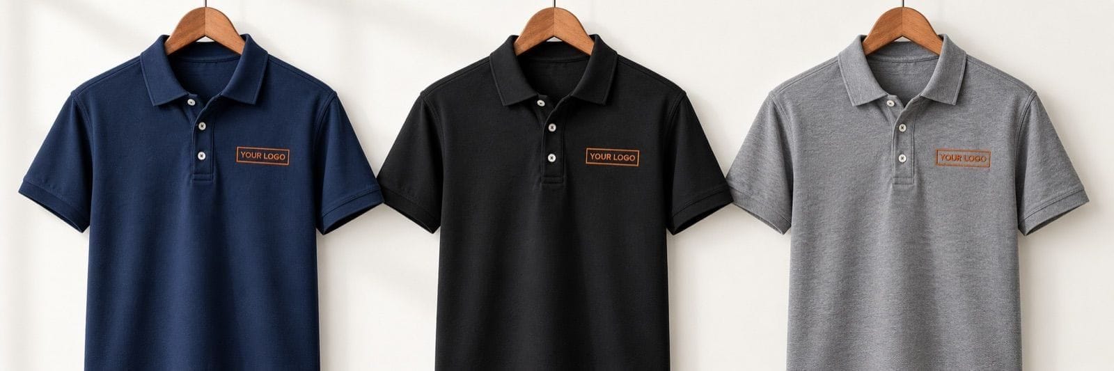 Three polos in navy, black and heather grey, each with the same rust-thread "YOUR LOGO" placeholder on the left chest, showing one logo across three colorways
