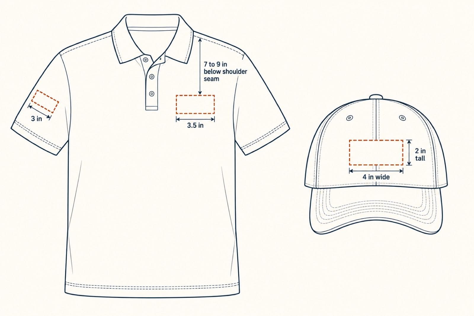 Line drawing of a polo and a cap with dashed boxes marking standard embroidery placements: left chest 3.5 in wide, 7 to 9 in below the shoulder seam; sleeve 3 in; cap front 4 in wide by 2 in tall