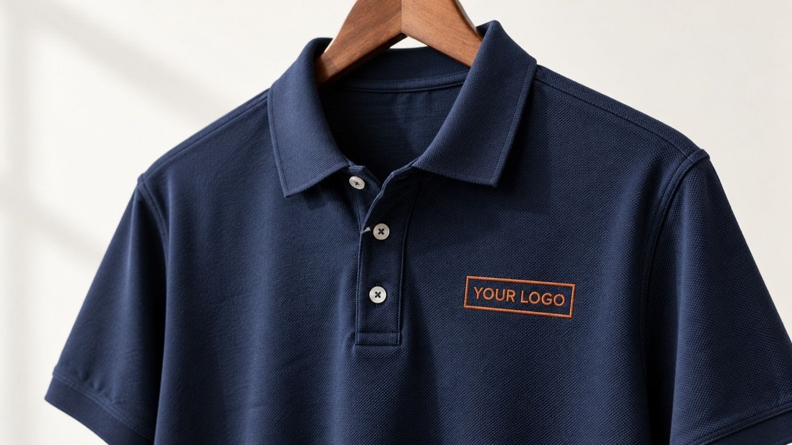 Navy polo shirt on a hanger with a rust-thread "YOUR LOGO" placeholder embroidered on the left chest, a rendered example of standard left-chest logo placement