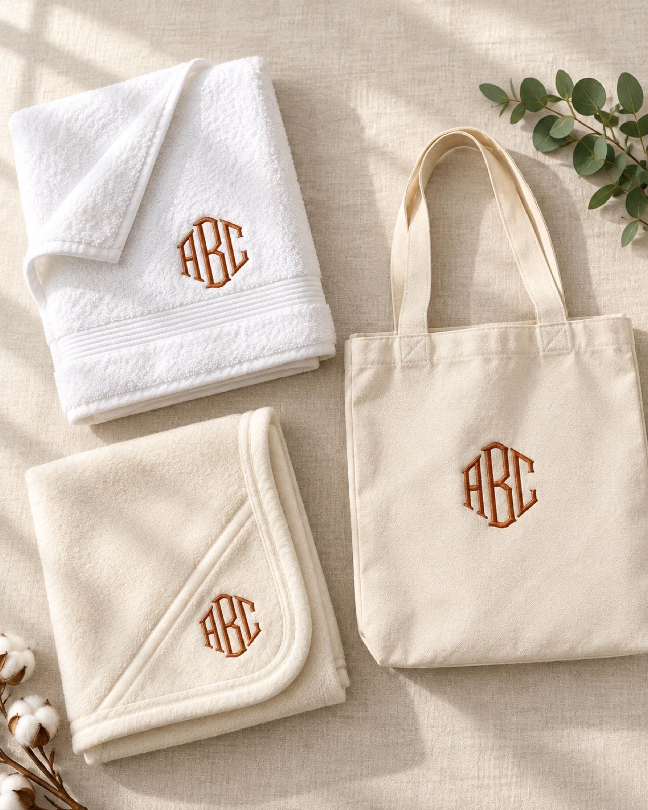 Flat lay of a white towel, cream baby blanket and canvas tote each embroidered with a sample "ABC" monogram in rust thread, a rendered example of monogram gifts