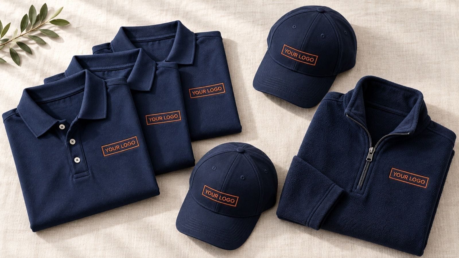 Overhead flat lay of the team kit: three navy polos, two caps and a fleece, each with a rust-thread "YOUR LOGO" placeholder, a rendered example of the bundle