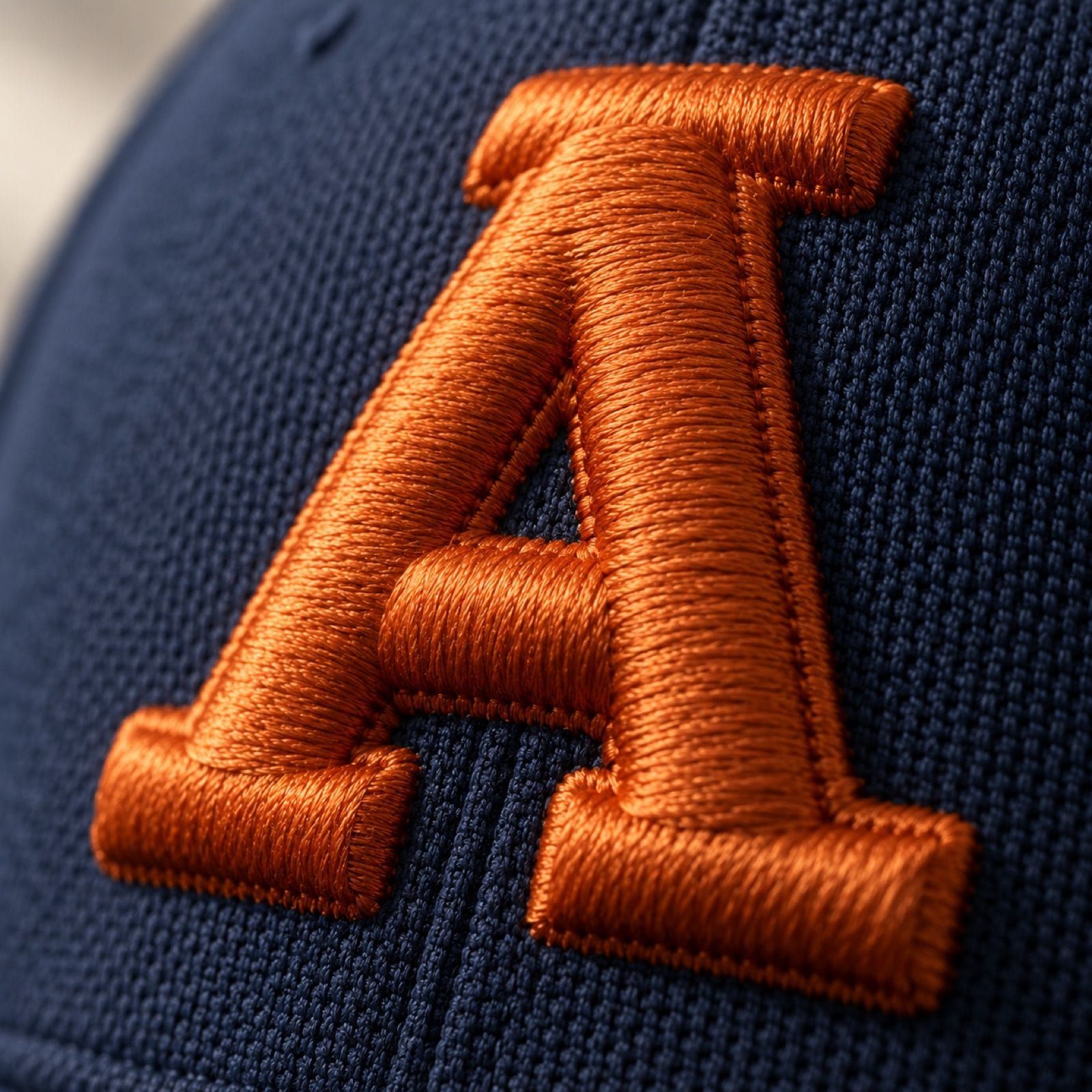 Close-up of raised 3D puff embroidery in rust thread on a navy cap, showing the height of the stitching