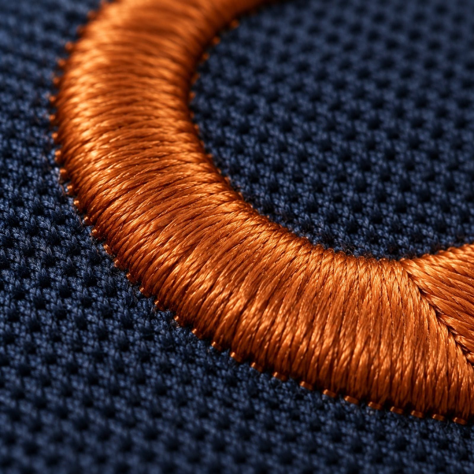 Close-up of a rust satin-stitch embroidery edge on navy pique fabric showing clean thread alignment and sheen