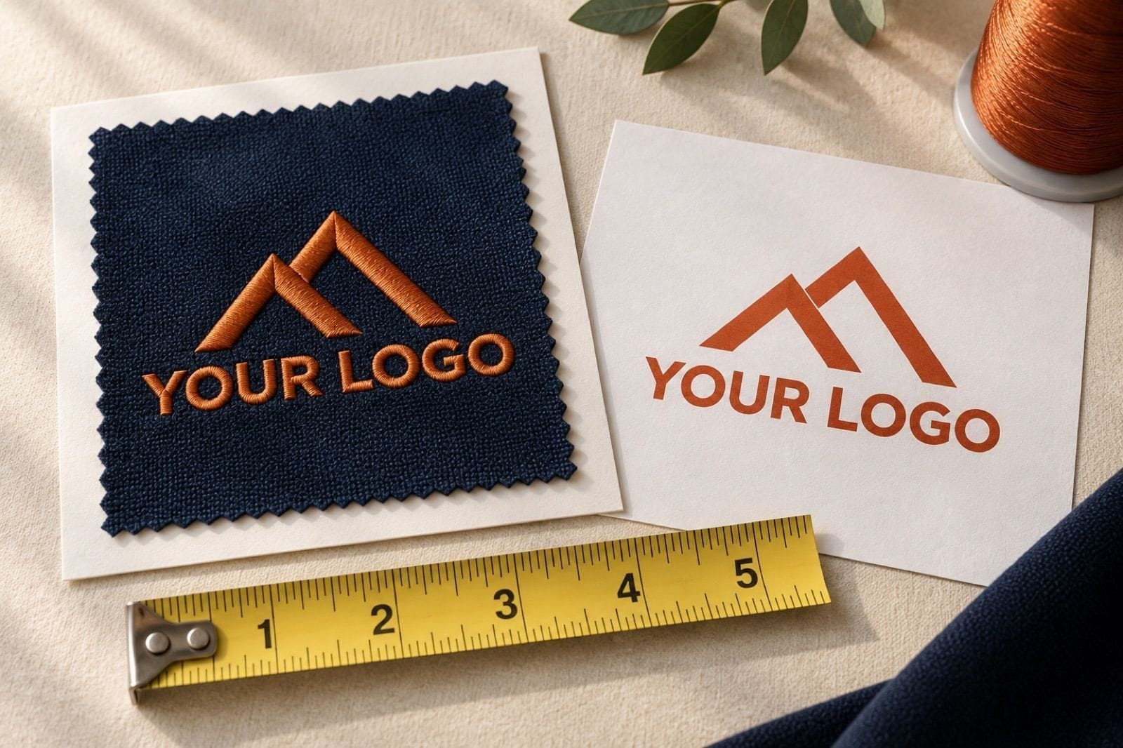 A stitched-out sample of the placeholder logo on navy fabric beside the printed artwork and a tape measure, the stitch-out proof step