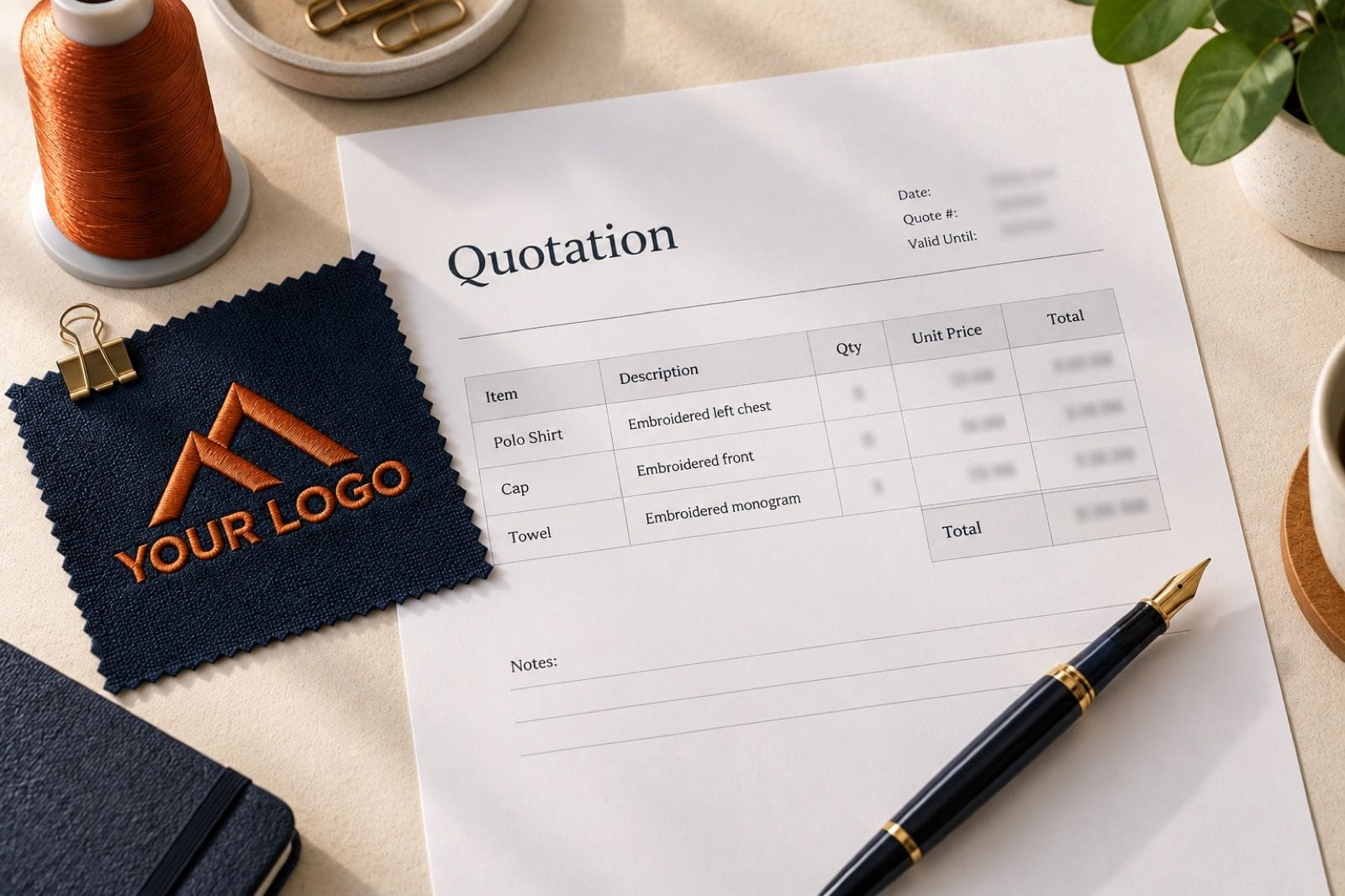 A printed quotation with three line items and a total beside a navy swatch stitched with a rust "YOUR LOGO" placeholder and a fountain pen, the firm-quote step