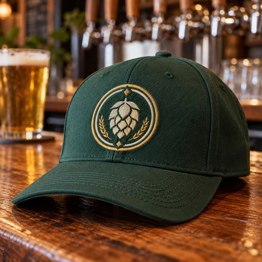 Forest-green cap with a hop-cone emblem embroidered in cream and gold for a craft brewery