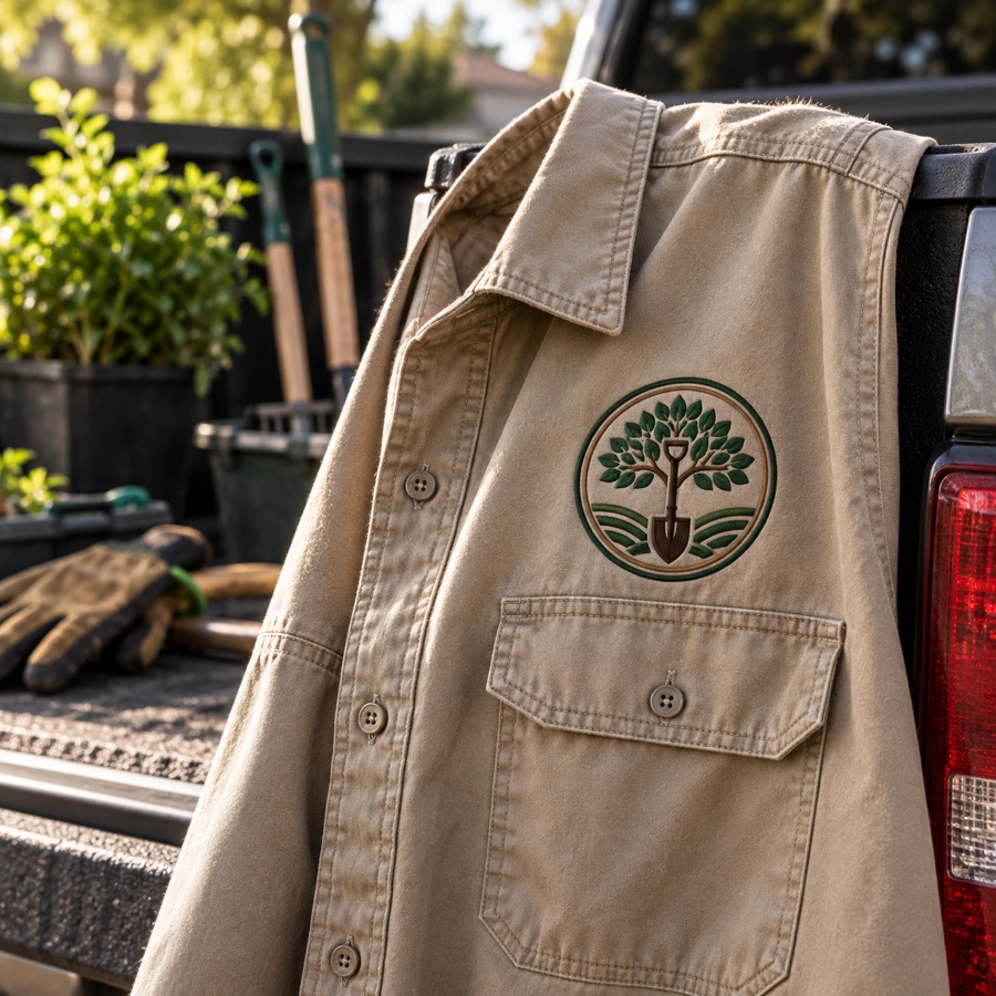 Khaki work shirt with a tree-and-shovel badge embroidered in green and brown for a landscaping company