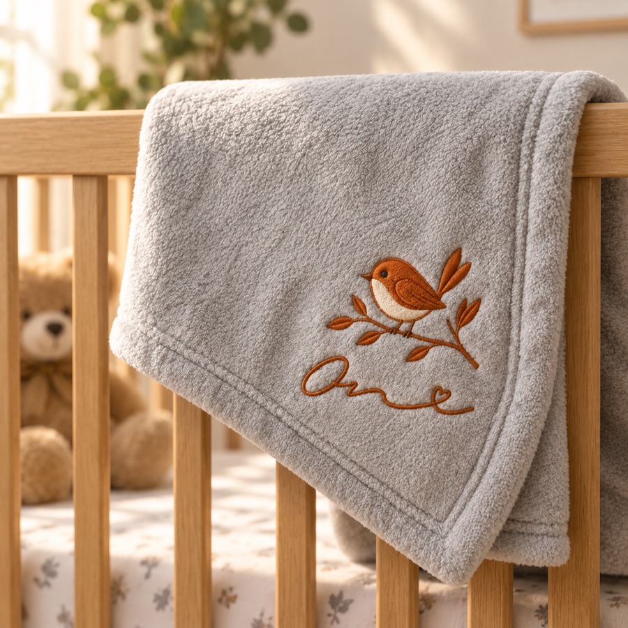 Gray baby blanket with a small embroidered bird and name on the corner