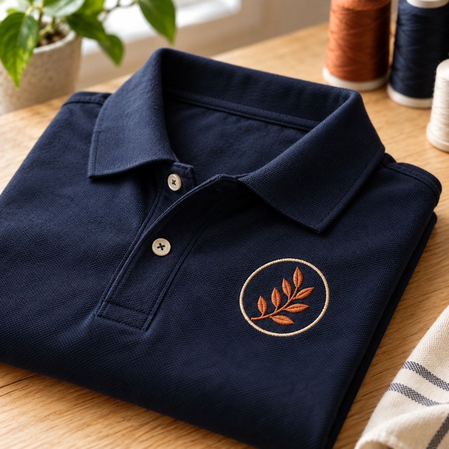 Navy polo with a small two-color embroidered emblem on the left chest