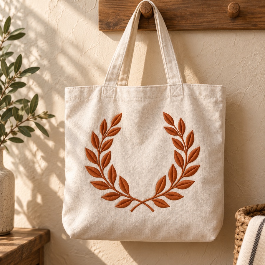 Cream cotton tote bag with a large embroidered laurel wreath